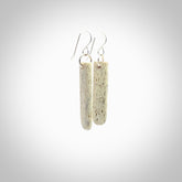 Hand carved medium whalebone drop earrings hand made by Kristal Thompson. One only whale bone drop earrings. Real whale bone art to wear. Free Shipping worldwide. One pair only, delivered in a kete pouch.
